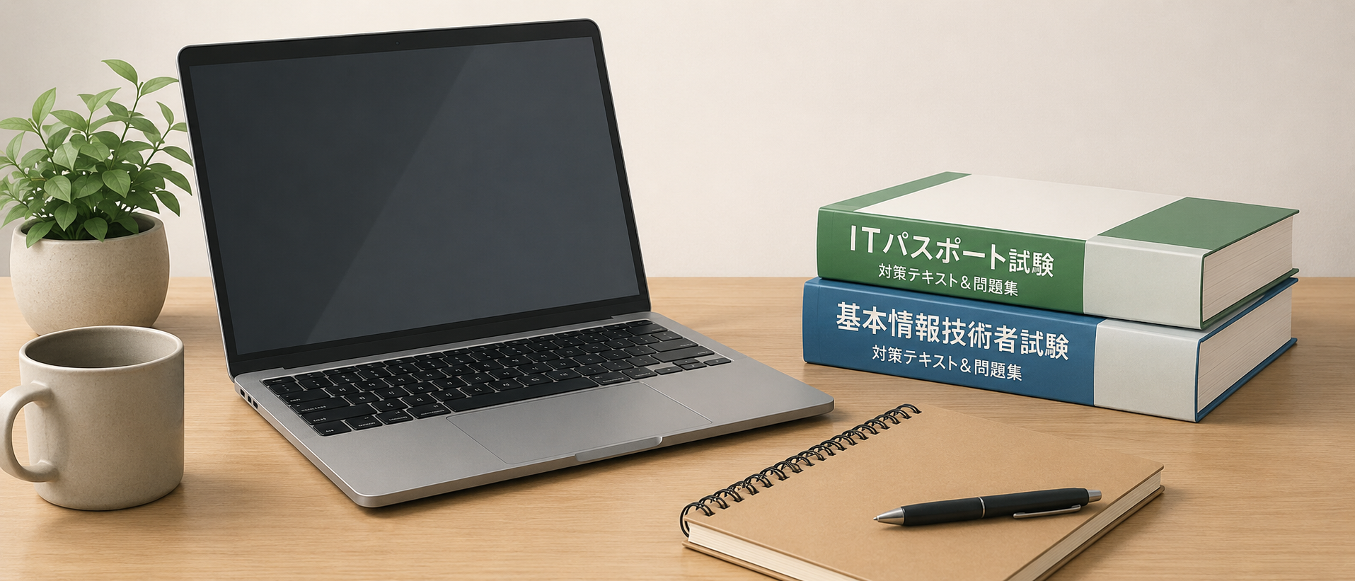 ノートパソコンとIT技術書が置かれたシンプルなデスク環境