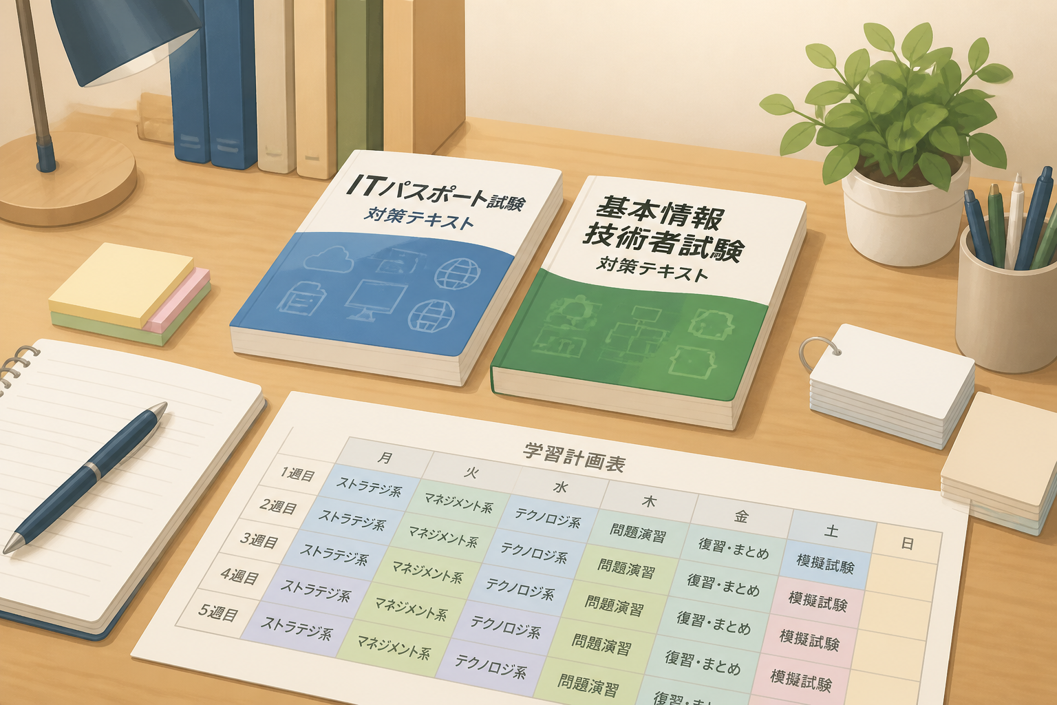 試験勉強に使用するテキストと計画表が整然と並ぶ書斎の机