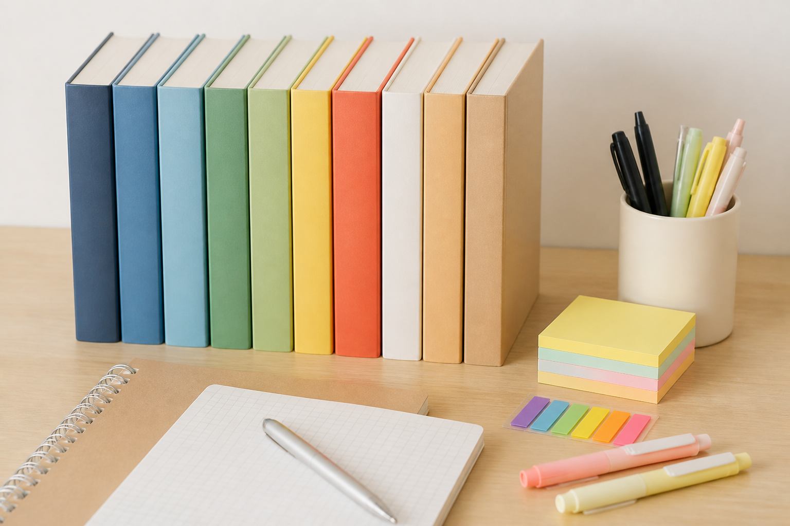 整然と並べられた複数冊のIT関連参考書と文房具