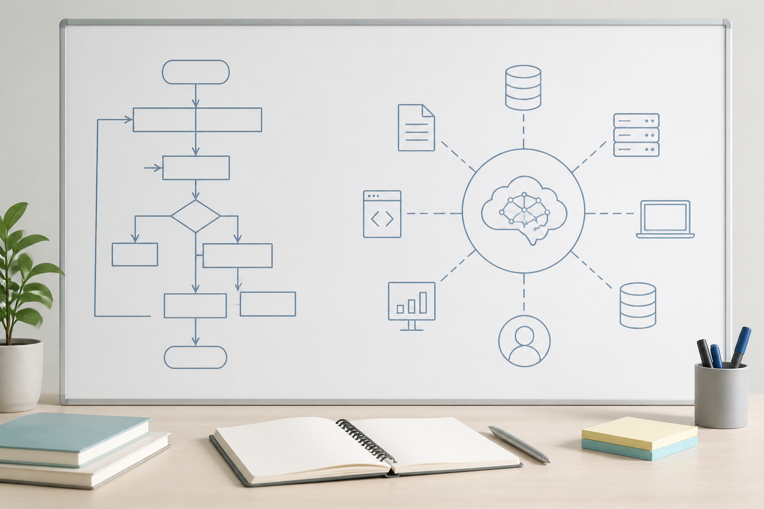ホワイトボードに書かれた業務フロー図と、AI連携の構成図を指差しながら確認しているビジネスとテクノロジーの融合を象徴する場面