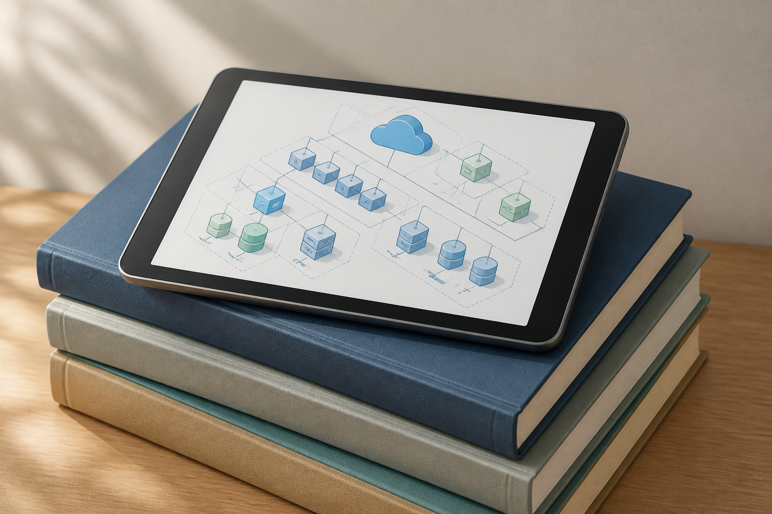 複数の専門書が積み重なった上にタブレット端末が置かれ、画面にはアーキテクチャ設計図やクラウドインフラの構成図が映し出されている静物構図