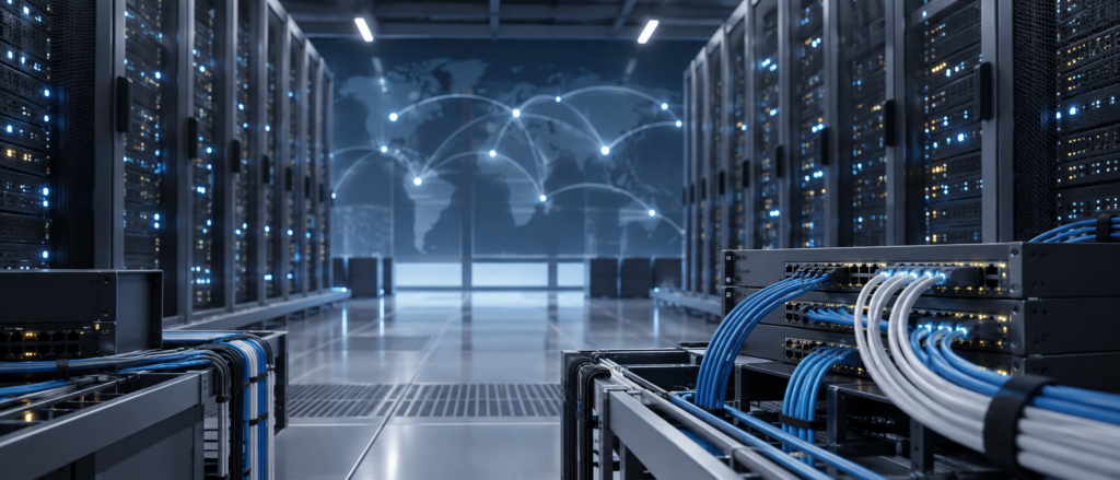サーバーラックが整然と並ぶデータセンター内で、光ファイバーケーブルが配線されている静物構図