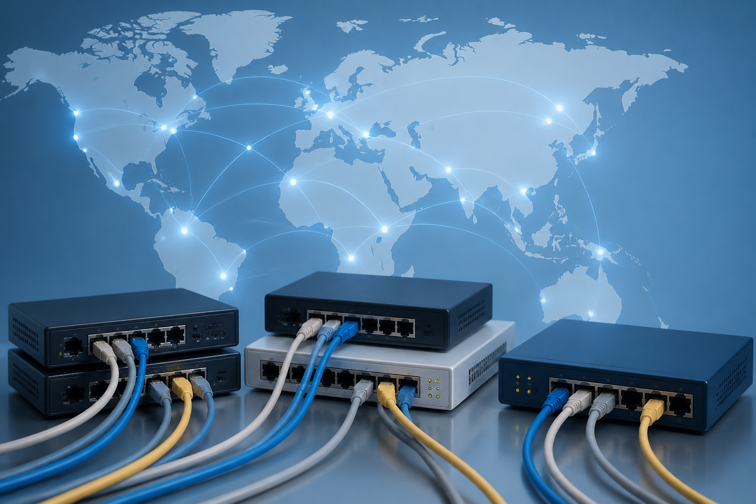 世界地図のグラフィックを背景に、複数のネットワークルーターとLANケーブルが接続されている機材の静物構図