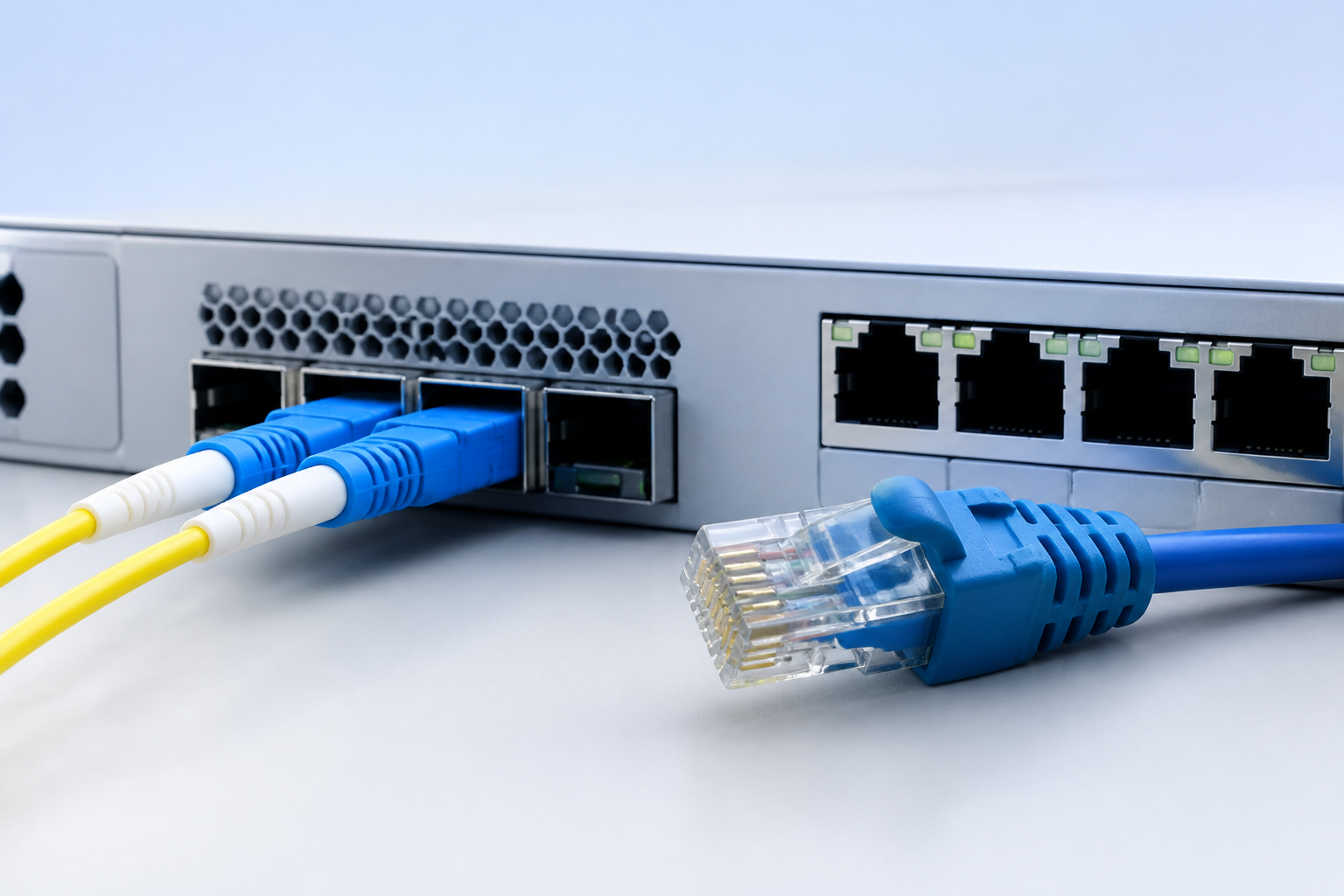 光ファイバーの接続ポートとLANケーブルのプラグが並ぶ、通信インフラ機器の静物構図