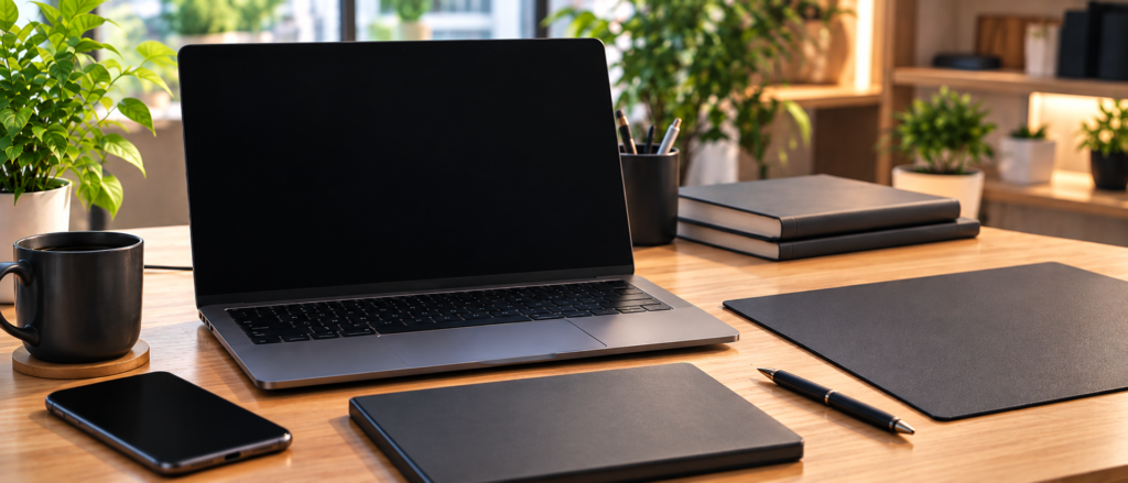 黒い画面のノートPC、無地のノートと机上マット、植物を並べた明るい作業机