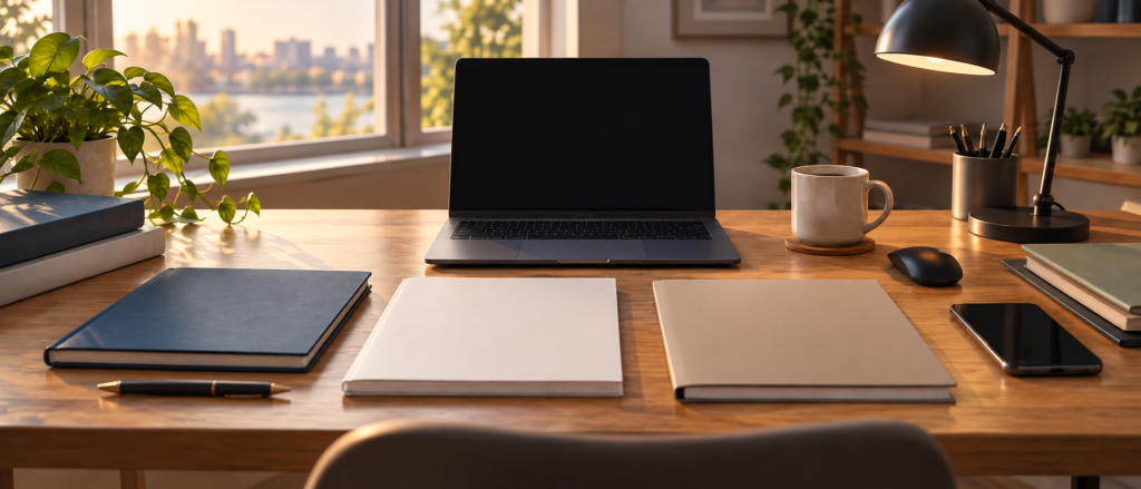 白紙の資料と無地の本、黒い画面のノートPCを並べた夕方の作業机