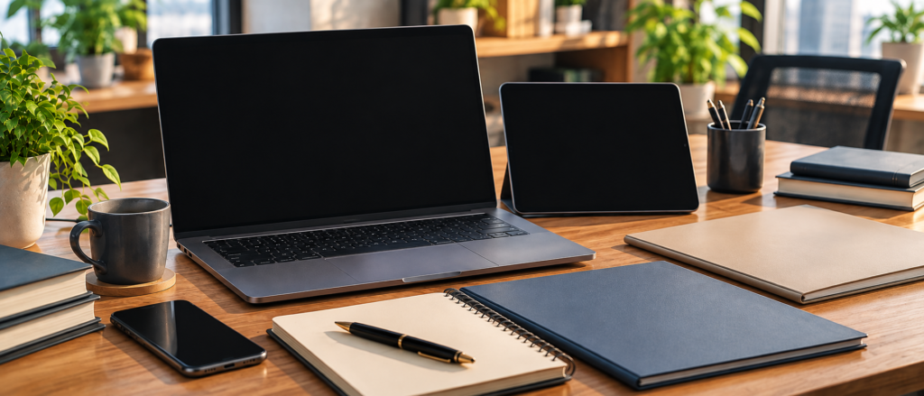 黒い画面のPCとタブレット、白紙ノートや無地の本・フォルダーを並べた明るい机