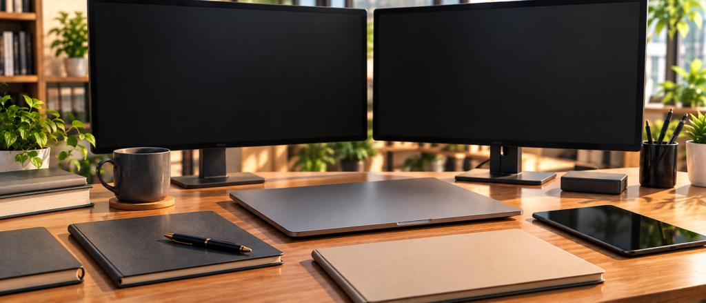 無地の黒いモニター二台と閉じたノートPC、無地のノートを並べた机