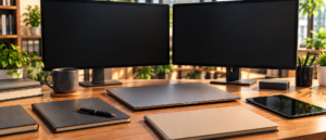 無地の黒いモニター二台と閉じたノートPC、無地のノートを並べた机