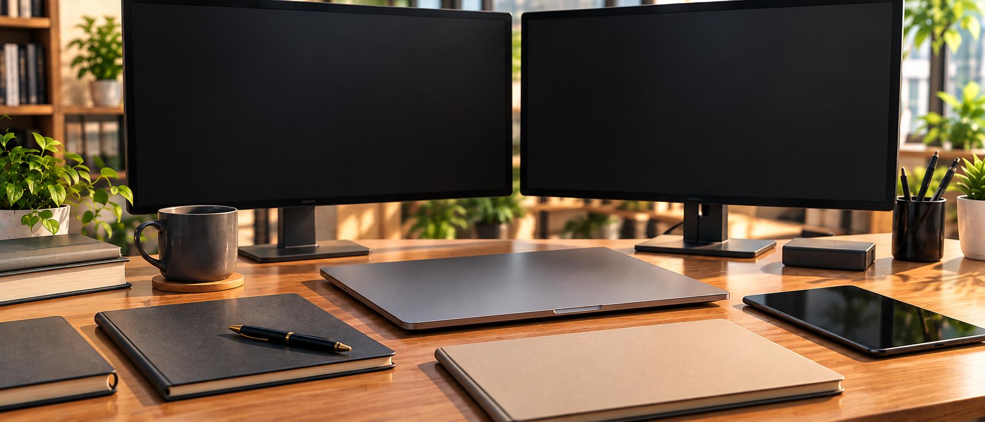 無地の黒いモニター二台と閉じたノートPC、無地のノートを並べた机