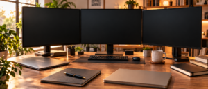 黒い無地の3画面モニター、無地の閉じたPCとノート、本を並べた暖かな机