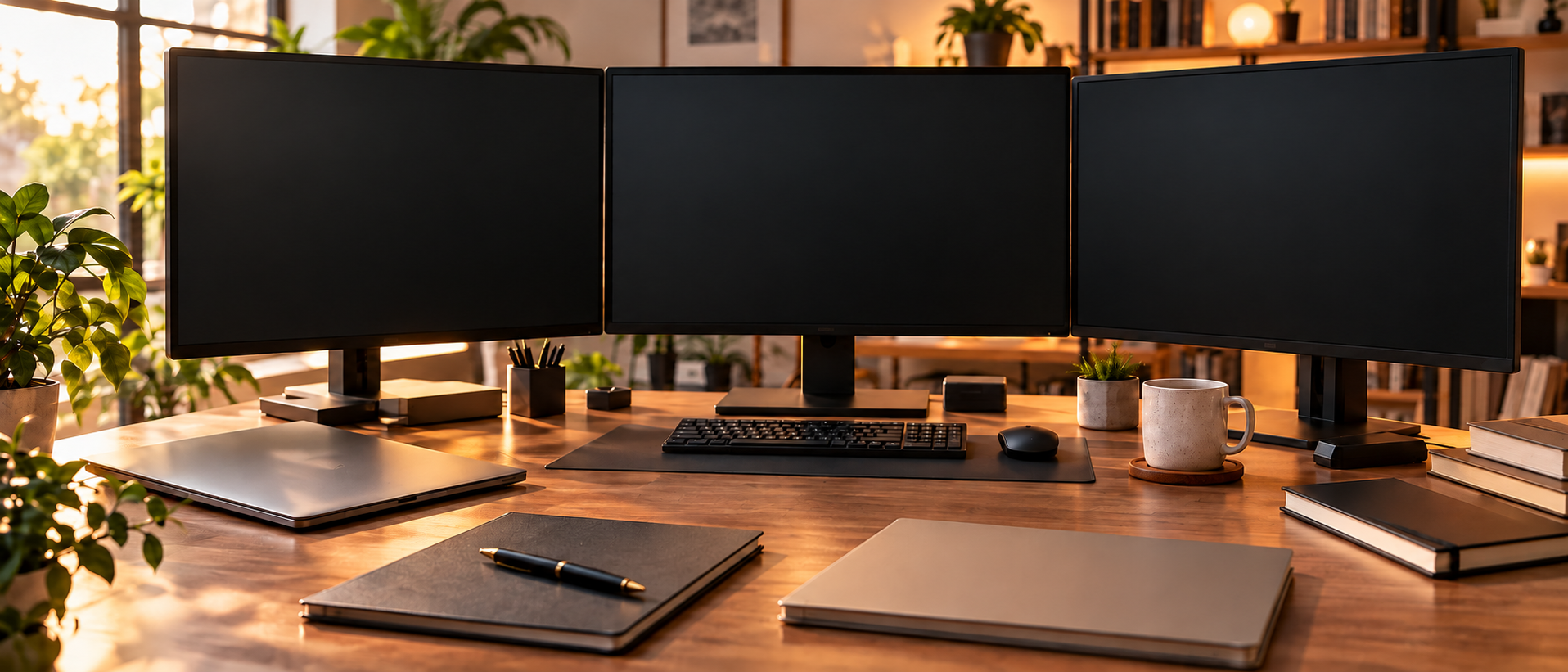 黒い無地の3画面モニター、無地の閉じたPCとノート、本を並べた暖かな机