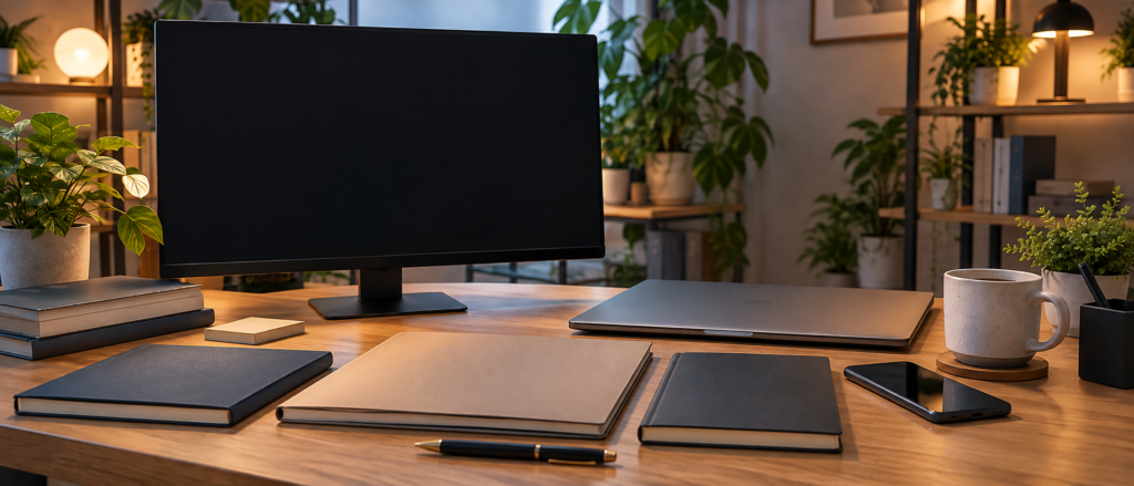 黒いモニターと閉じたノートPC、無地の本とノートを並べた温かい机