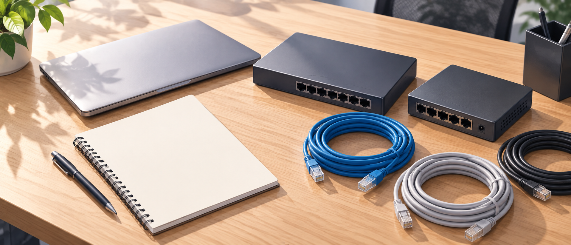 無地のネットワーク機器2台、閉じたPC、白紙ノートとペン、LANケーブルを並べた机