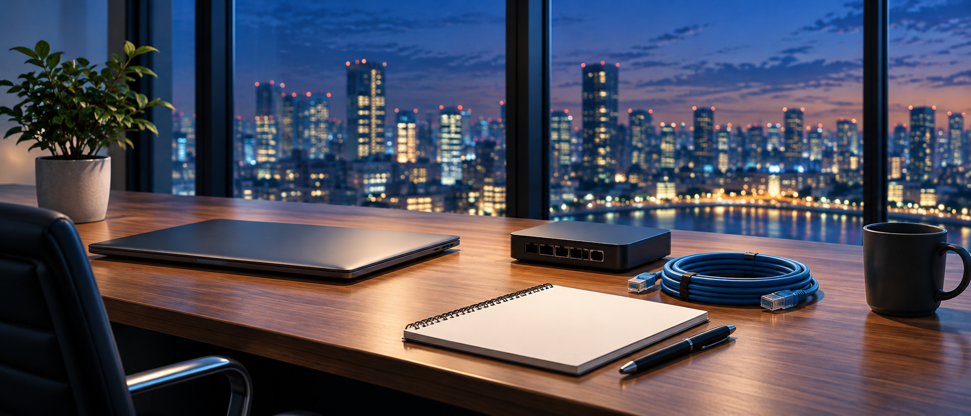 ぼかした夜景を背景に無地の機器とケーブル、閉じたPCと白紙ノートを並べた机